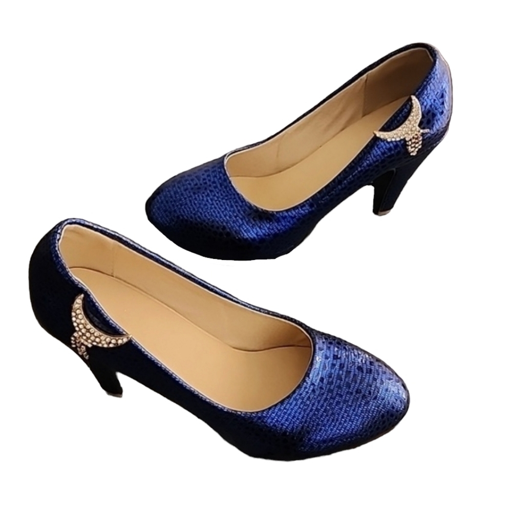 METALLIC COBALT BLUE VEGAN Platform Pumps 8 Heels Gold CZ Moon Charms Chunky - Picture 6 of 16